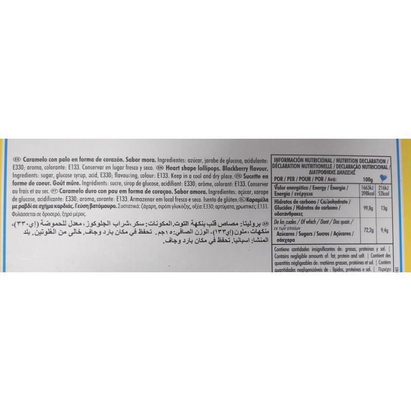 Piruleta Azul de corazón sabor Mora de la marca Fiesta