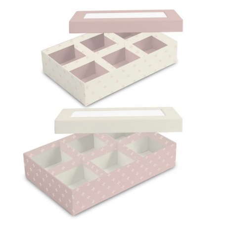 Caja 6 Compartimentos Cartón Decorado Con Tapa con Ventana Rosa y blanco