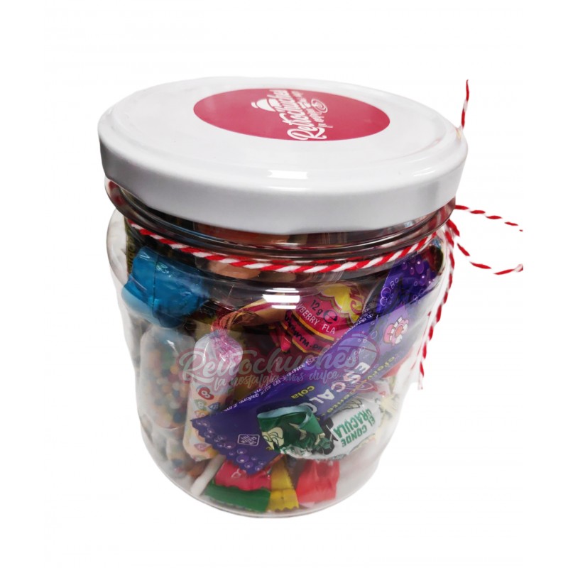 Retropack pequeño Bote  Tarro relleno de chuches con tapa de color