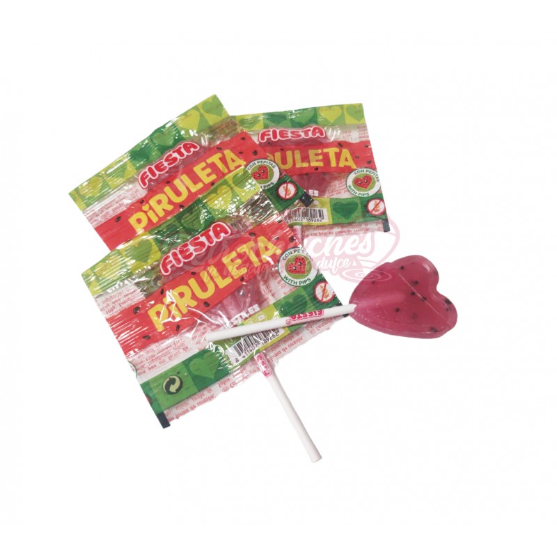 Piruleta Verde de corazón sabor Sandia con pepitas de la marca Fiesta